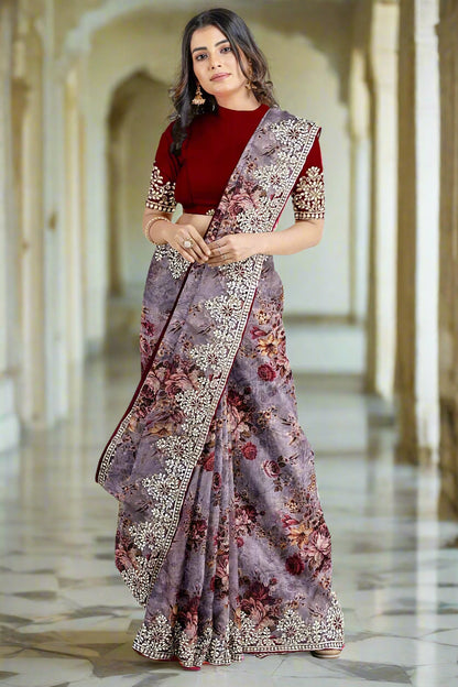 Krishna Tanna Floral Prints Saree with knitted floral embroidery on organza tissue - Purple