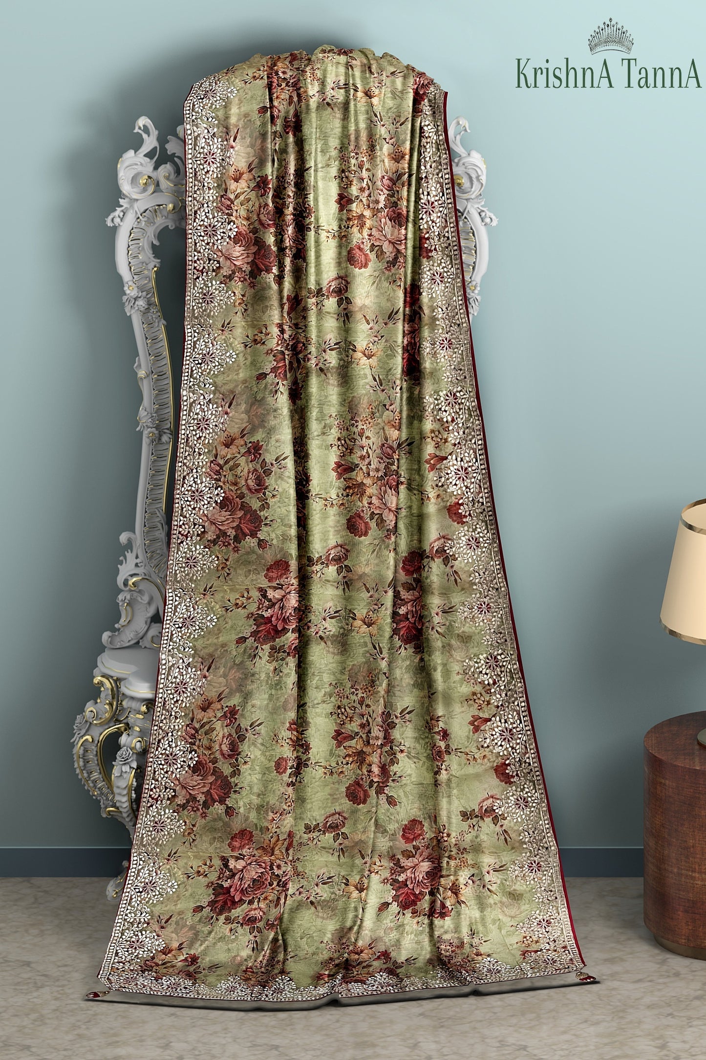 Krishna Tanna Floral Prints Saree with knitted floral embroidery on organza tissue - Green