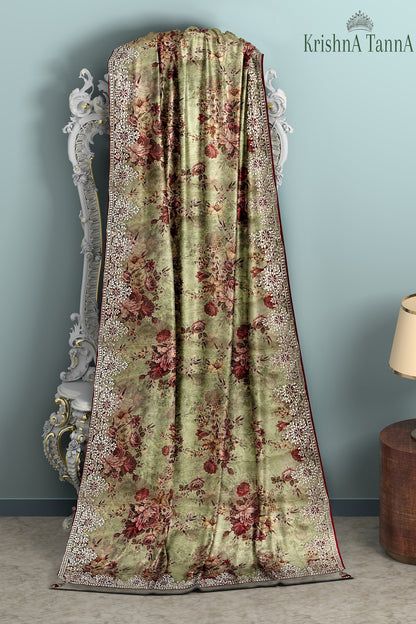 Krishna Tanna Floral Prints Saree with knitted floral embroidery on organza tissue - Green