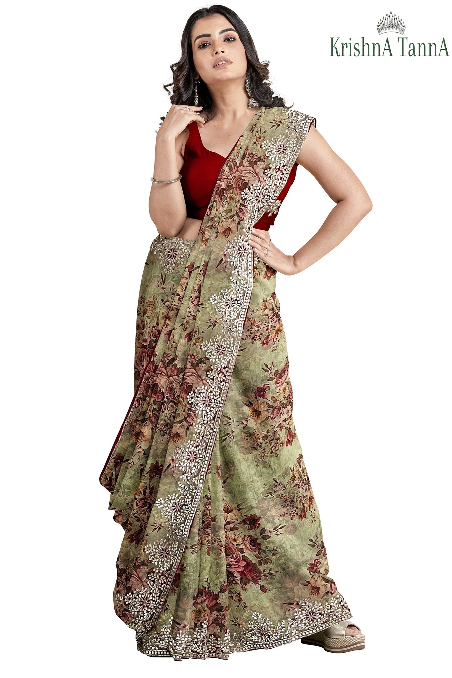 Krishna Tanna Floral Prints Saree with knitted floral embroidery on organza tissue - Green
