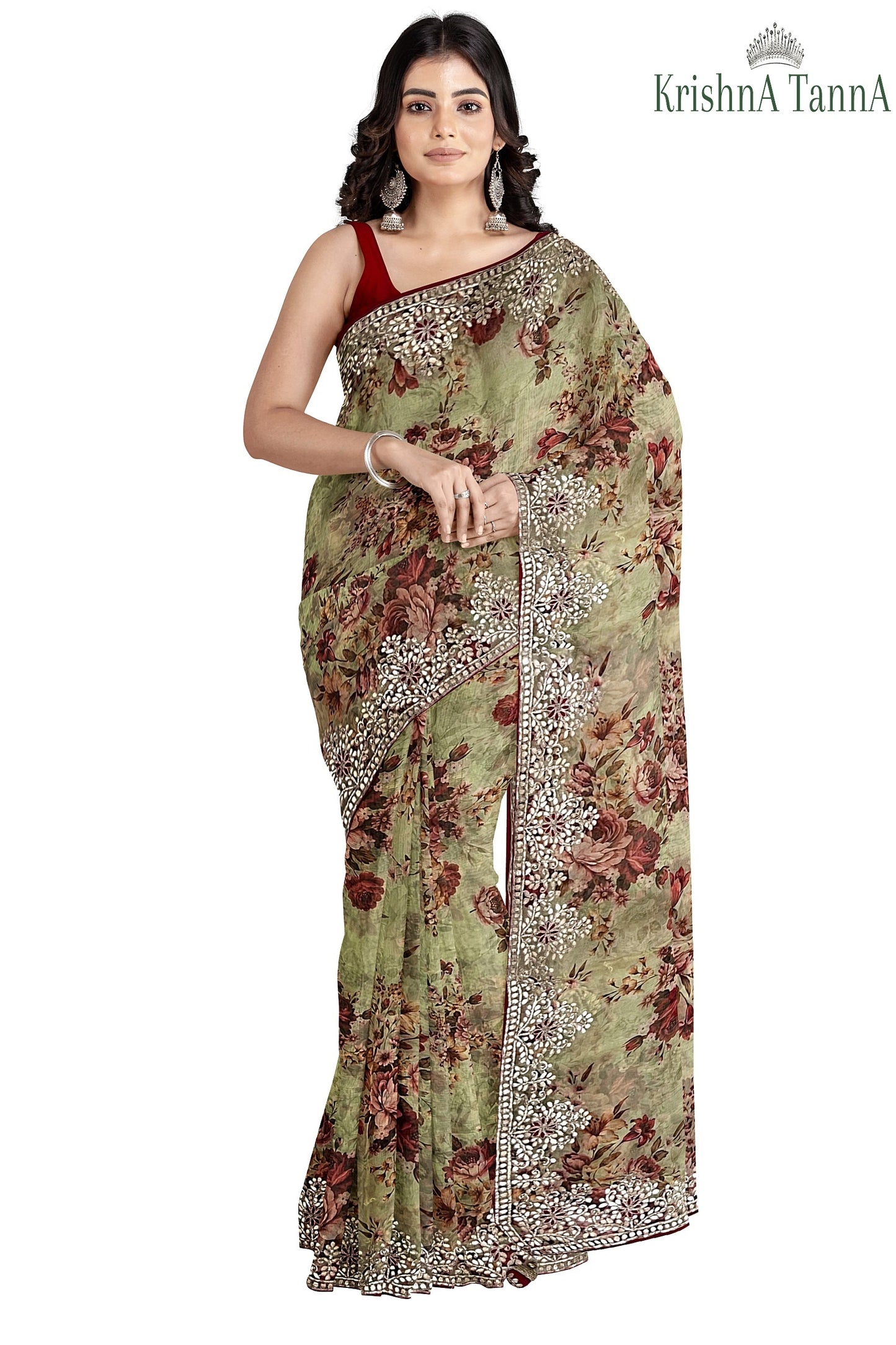 Krishna Tanna Floral Prints Saree with knitted floral embroidery on organza tissue - Green
