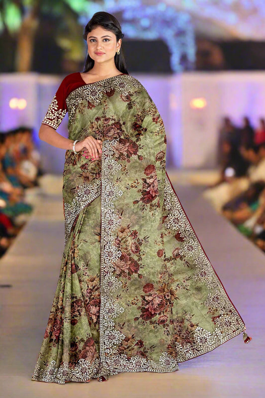 Krishna Tanna Floral Prints Saree with knitted floral embroidery on organza tissue - Green