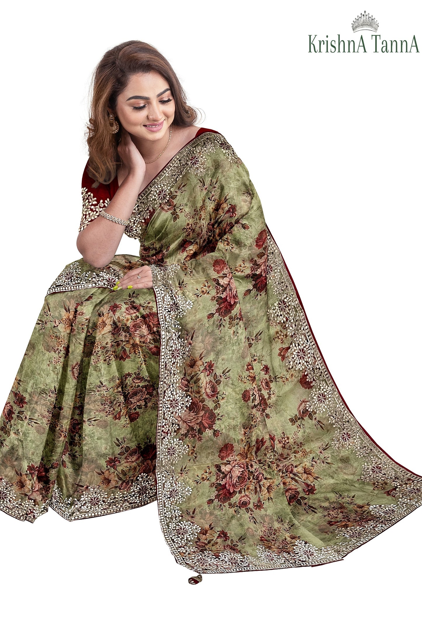 Krishna Tanna Floral Prints Saree with knitted floral embroidery on organza tissue - Green
