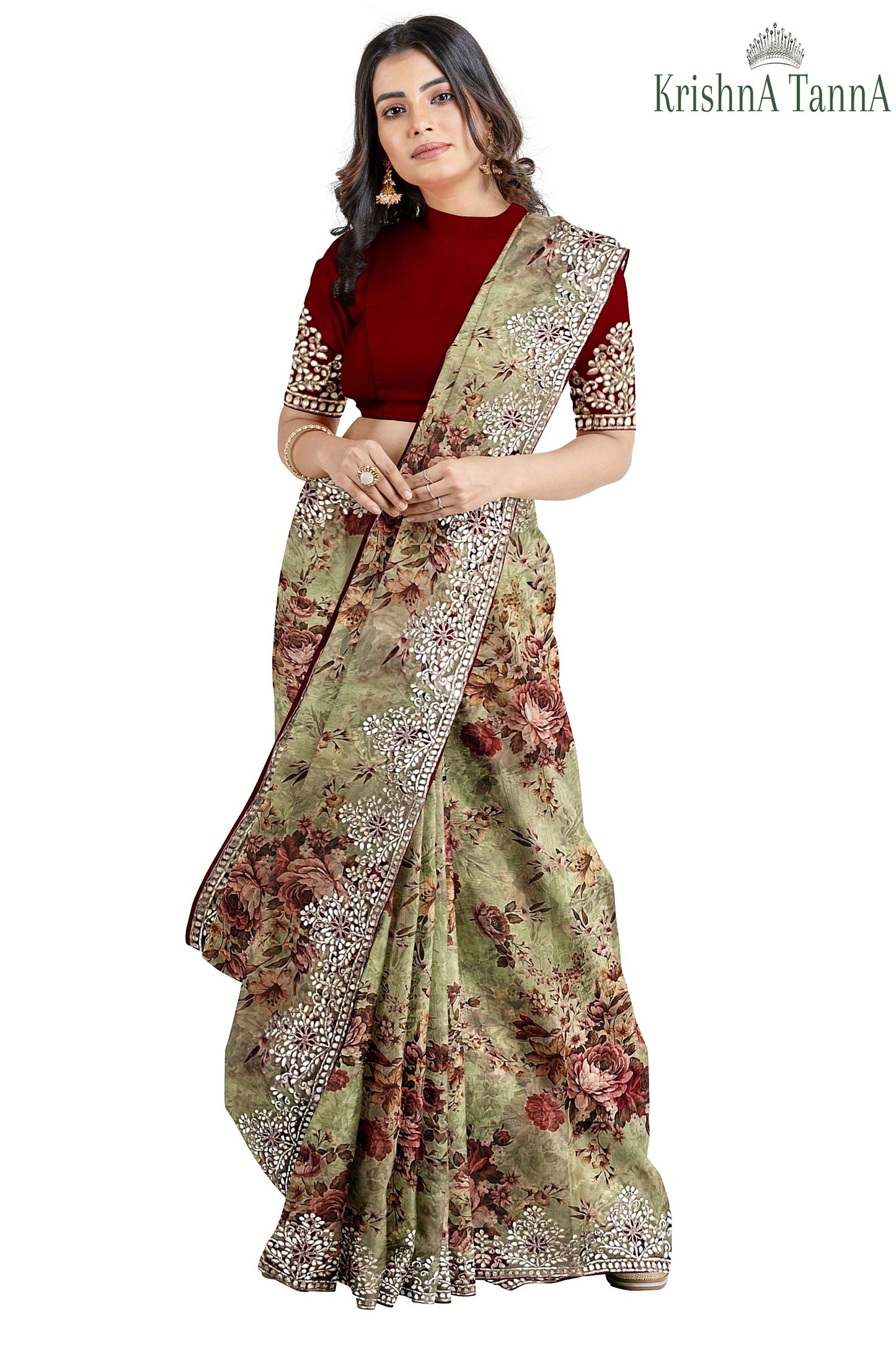 Krishna Tanna Floral Prints Saree with knitted floral embroidery on organza tissue - Green