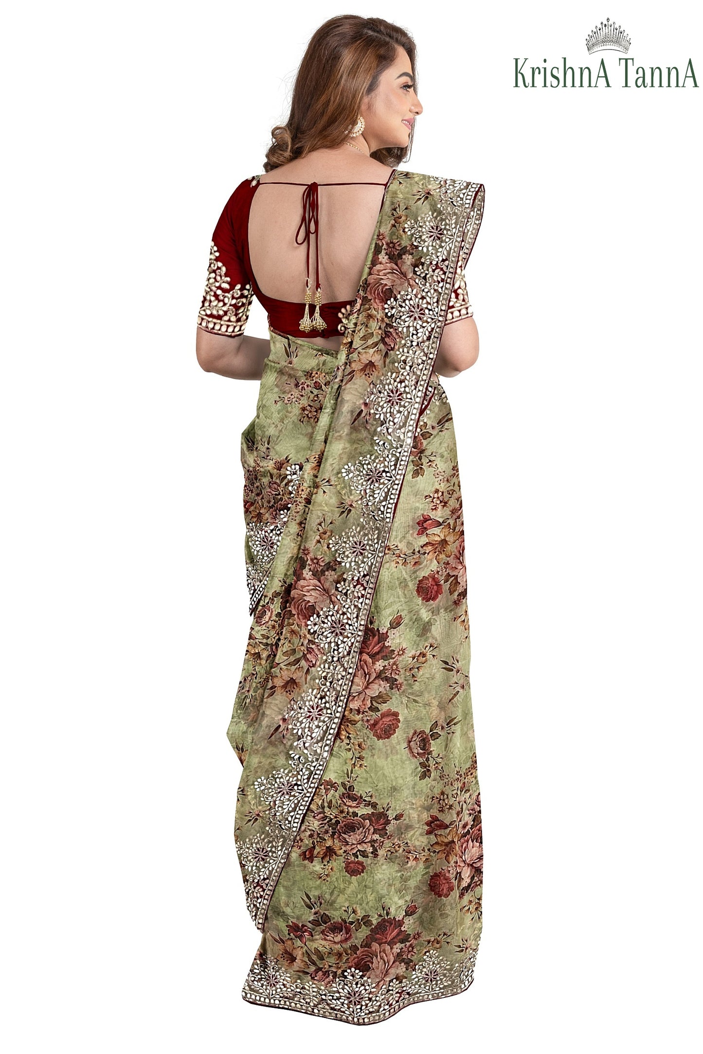 Krishna Tanna Floral Prints Saree with knitted floral embroidery on organza tissue - Green