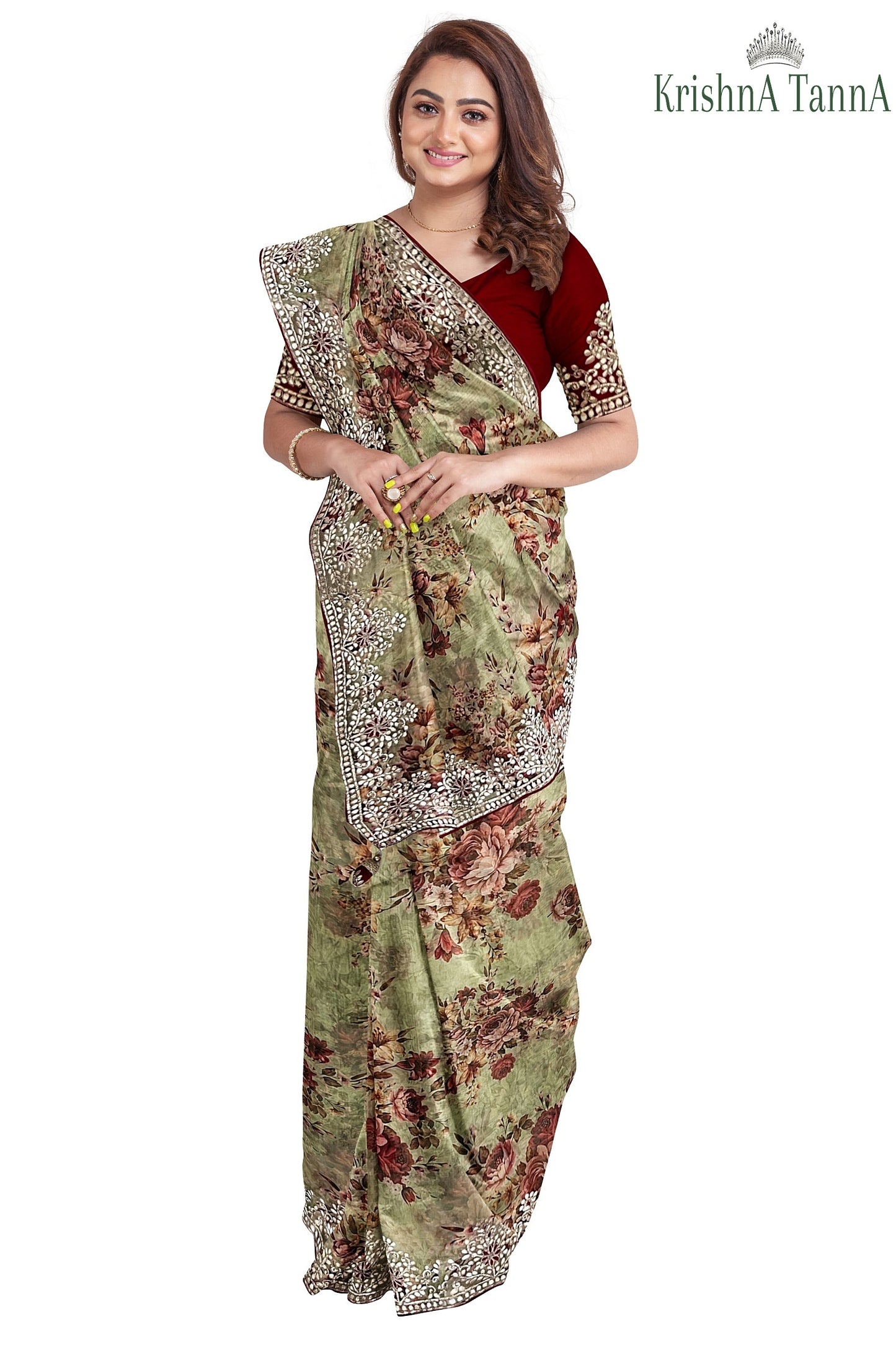 Krishna Tanna Floral Prints Saree with knitted floral embroidery on organza tissue - Green