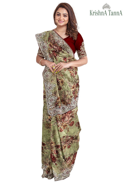 Krishna Tanna Floral Prints Saree with knitted floral embroidery on organza tissue - Green